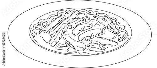 One-Line Drawing Illustration of Classic Beef Stroganoff Dish on