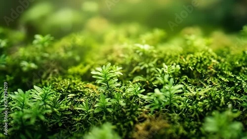 Wallpaper Mural Close-up video of lush green moss with tiny leaves illuminated by soft natural light. Video for nature, ecology, environment, relaxation, or botanical projects. Torontodigital.ca