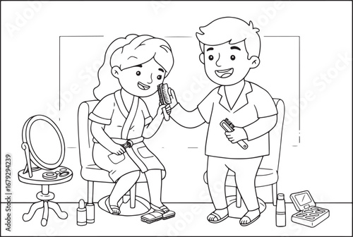 Adorable cartoon illustration of a couple's hair care routine at