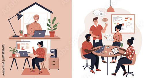 Remote work and in-person meeting vector illustration depicting modern work culture