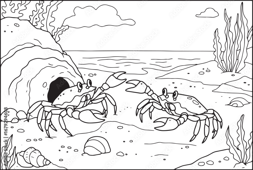 Fototapeta premium Two happy cartoon crabs standing on a sandy beach coloring page