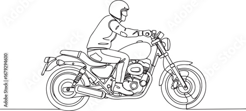 A minimalist line drawing showcases a man riding a classic motor