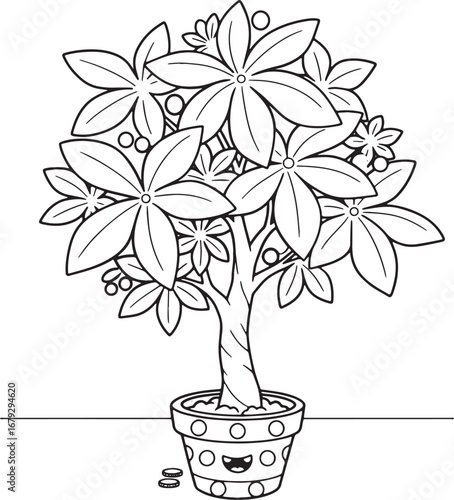 Stylized black and white money tree illustration for coloring or