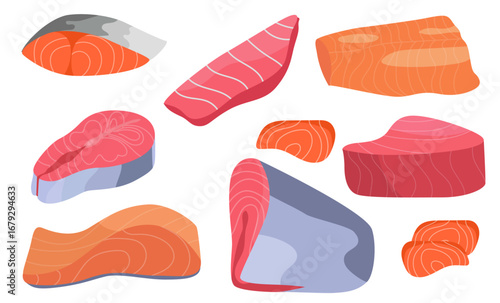cartoon sliced fish meat red fish pieces white fish delicious sashimi slices hake pangasius mackerel salmon steak fillet illustration set