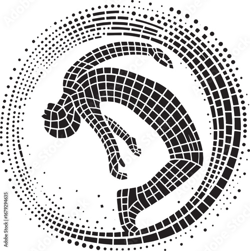 Abstract Geometric Illustration of a Person Performing a Somersault with Dotted Circle Border