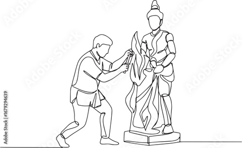 Continuous line drawing of a sculptor working on a statue of a d