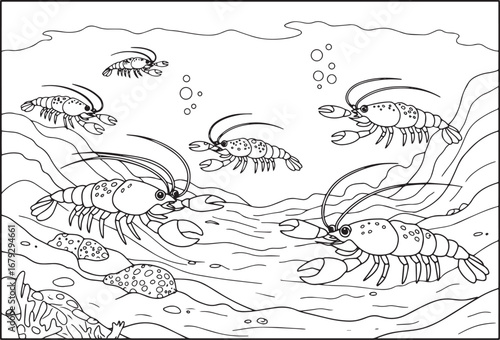 Illustration of Crayfish Underwater in the Sea for Coloring Page