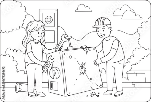 Cartoon couple repairing broken electrical appliance, outdoor se