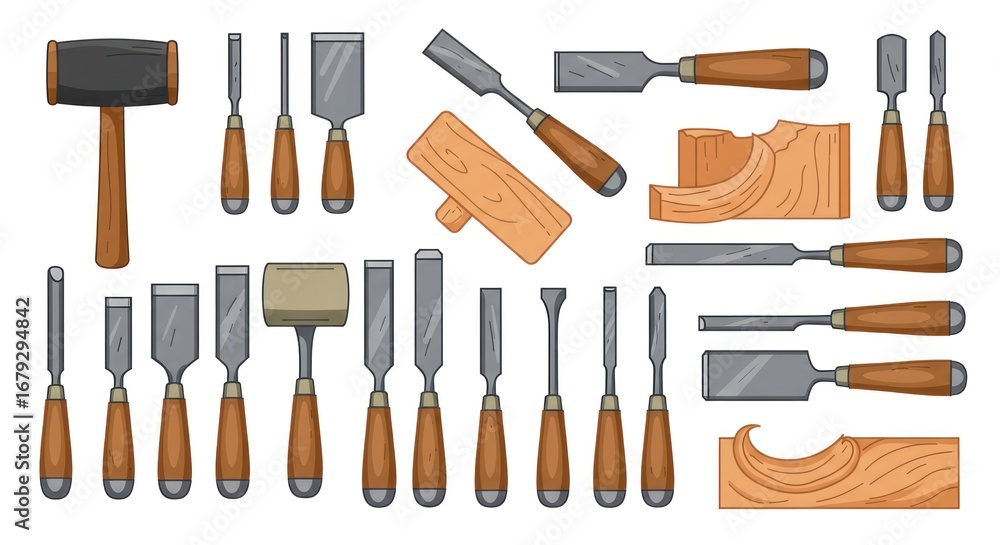 Obraz premium A collection of various woodworking tools, including chisels and mallets, arranged on a white background.