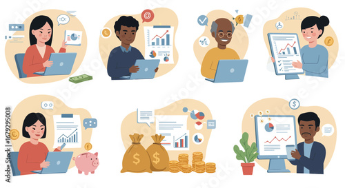 Diverse professionals managing finances and investments with technology and data analysis