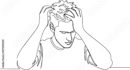 Distressed man single continuous line art, expressing anxiety an