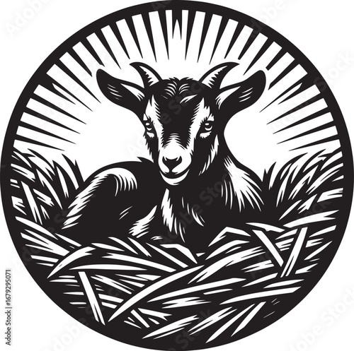 Artistic black and white illustration of a baby goat nestled in a circular design