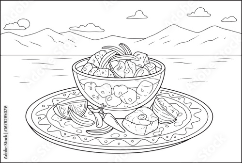 Hand-drawn illustration of ceviche dish with mountains backgroun