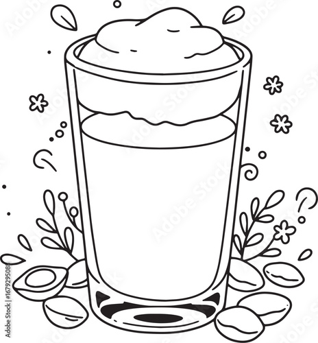 Minimalist Line Art Illustration of a Soy Milk Drink with Soybea