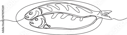 Elegant single line drawing featuring two fish on a platter mini