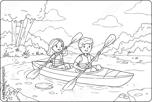 Charming illustration of a joyful couple kayaking on a serene ri