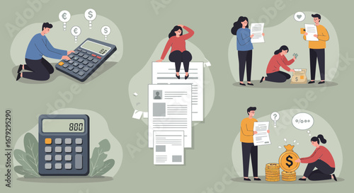 Illustration depicting financial challenges and money management difficulties faced by people