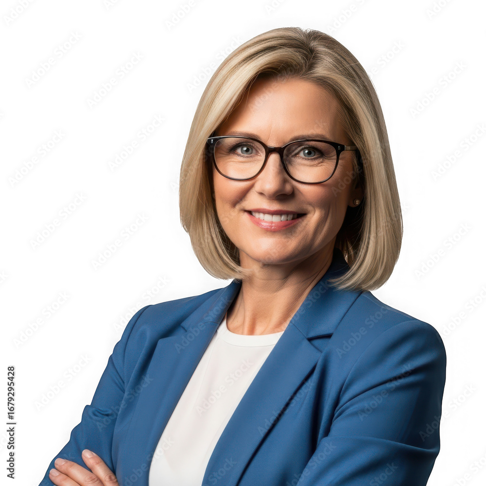 Obraz premium Confident businesswoman in blue blazer with arms crossed blonde smiling isolated on a transparent background