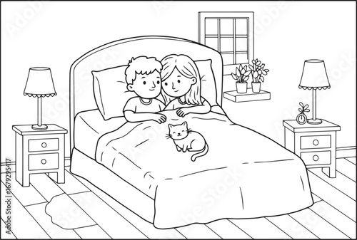 Cozy couple in bed with their cat illustration for coloring book