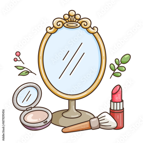 Cute cartoon beauty set with mirror, lipstick, compact powder, and makeup brush. Perfect for cosmetics, fashion, lifestyle, beauty care, and feminine design illustrations.