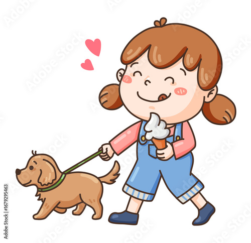Cute cartoon girl happily walking her dog while eating ice cream. Perfect for lifestyle, children’s activity, happiness, friendship, and family illustrations.