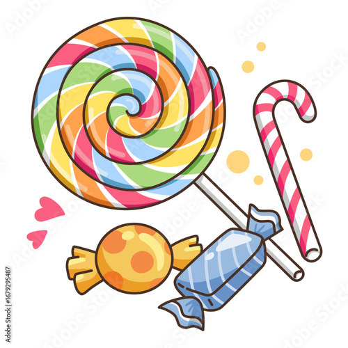 Colorful cartoon candy set including lollipop, candy cane, and wrapped sweets. Perfect for dessert, confectionery, children’s illustration, holiday, or festive design.