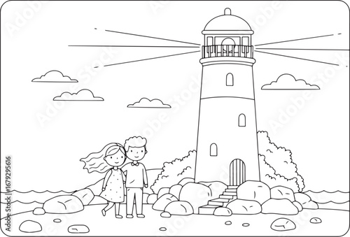 Cartoon couple standing near a lighthouse: vector coloring page
