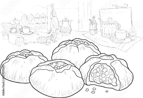 Detailed line art of Latvian piragi pastry, traditional cuisine