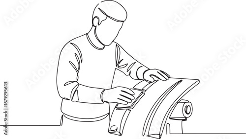 Continuous line drawing showcasing a man diligently removing rus