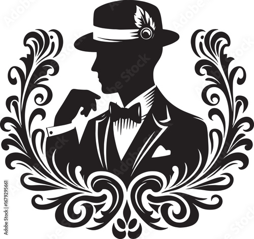 Elegant Silhouette of a Gentleman in a Hat with Decorative Frame, Vintage Style Illustration