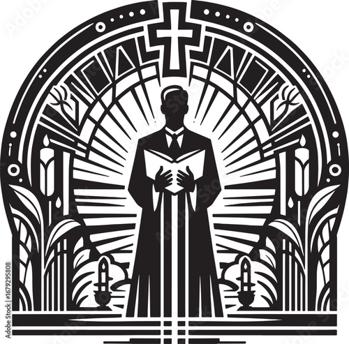 A stylized black and white illustration of a religious figure holding a book in a church setting