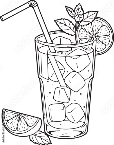 Elegant monochrome illustration of a refreshing mint collins wit