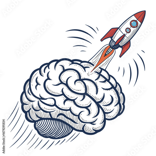 Create Bold Stroke Brain With Rocket Ship Flying Premium Digital Asset Ideal for Marketing
