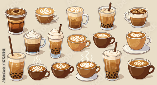 Various Coffee and Tea Drinks Cartoon Style, including Latte Art and Bubble Tea