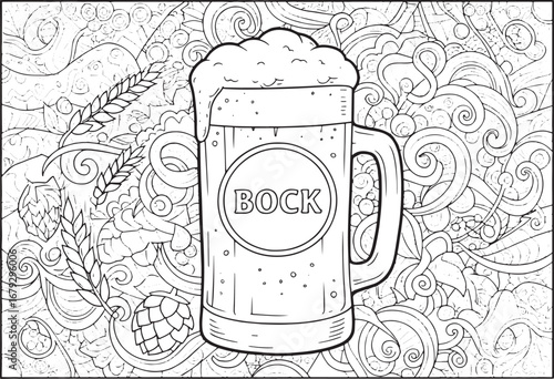 Intricate bock beer illustration for adult coloring, featuring h
