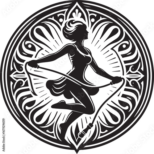 Elegant Silhouette of a Woman Jumping Rope within an Ornamental Circular Frame Design