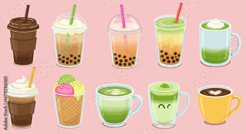 Assorted beverages illustration featuring boba tea, matcha, coffee and ice cream