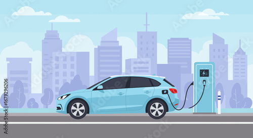 Electric vehicle charging at a charging station in the city illustration