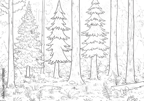 Detailed Boreal Forest Canopy Illustration Ready for Coloring an