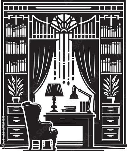 Elegant Black and White Illustration of a Study Room with Bookshelves, Desk, and Chair