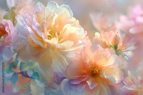 Delicate peach and cream rose blossoms in soft focus ethereal floral composition perfect for feminine designs and romantic projects