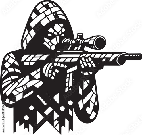 A stylized black and white illustration of a sniper aiming a rifle with a scope for military use