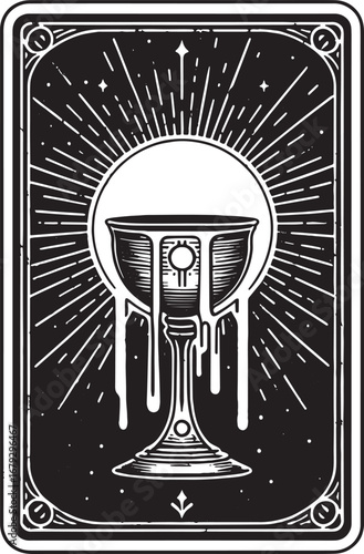 Intricate Black and White Tarot Card Illustration Featuring a Chalice and Radiant Sunburst