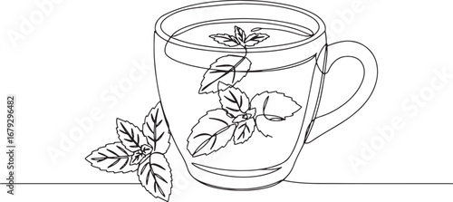 Minimalist single line drawing of mint tea in a cup with fresh m