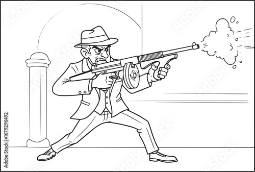 Retro Cartoon Gangster Firing a Tommy Gun Illustration, Black an