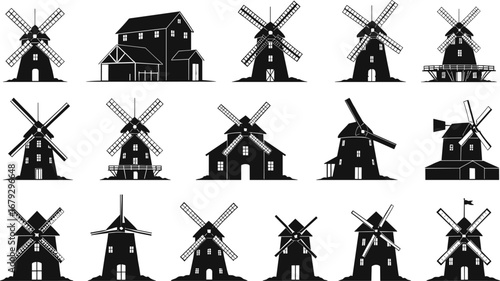 Silhouette vector icons of vintage windmills, traditional farm buildings, countryside mills, rural architecture, agricultural structures, and historic wind turbines