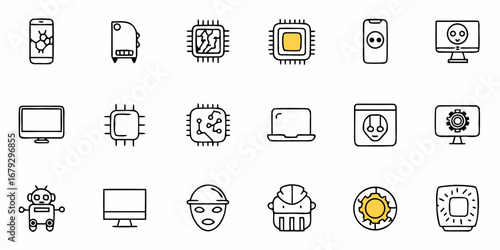 Futuristic tech icons represent AI, computer hardware, robotics, and mobile devices, offering a glimpse into tomorrow's digital landscape