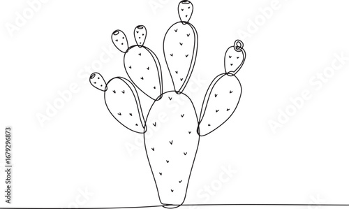 Minimalist prickly pear cactus in continuous line art, botanical