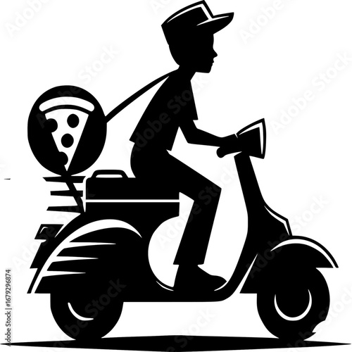 A cartoon illustration of a pizza man riding a vintage moped on a city road