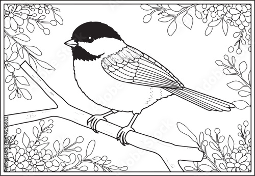 Detailed black and white outline drawing of a chickadee bird on